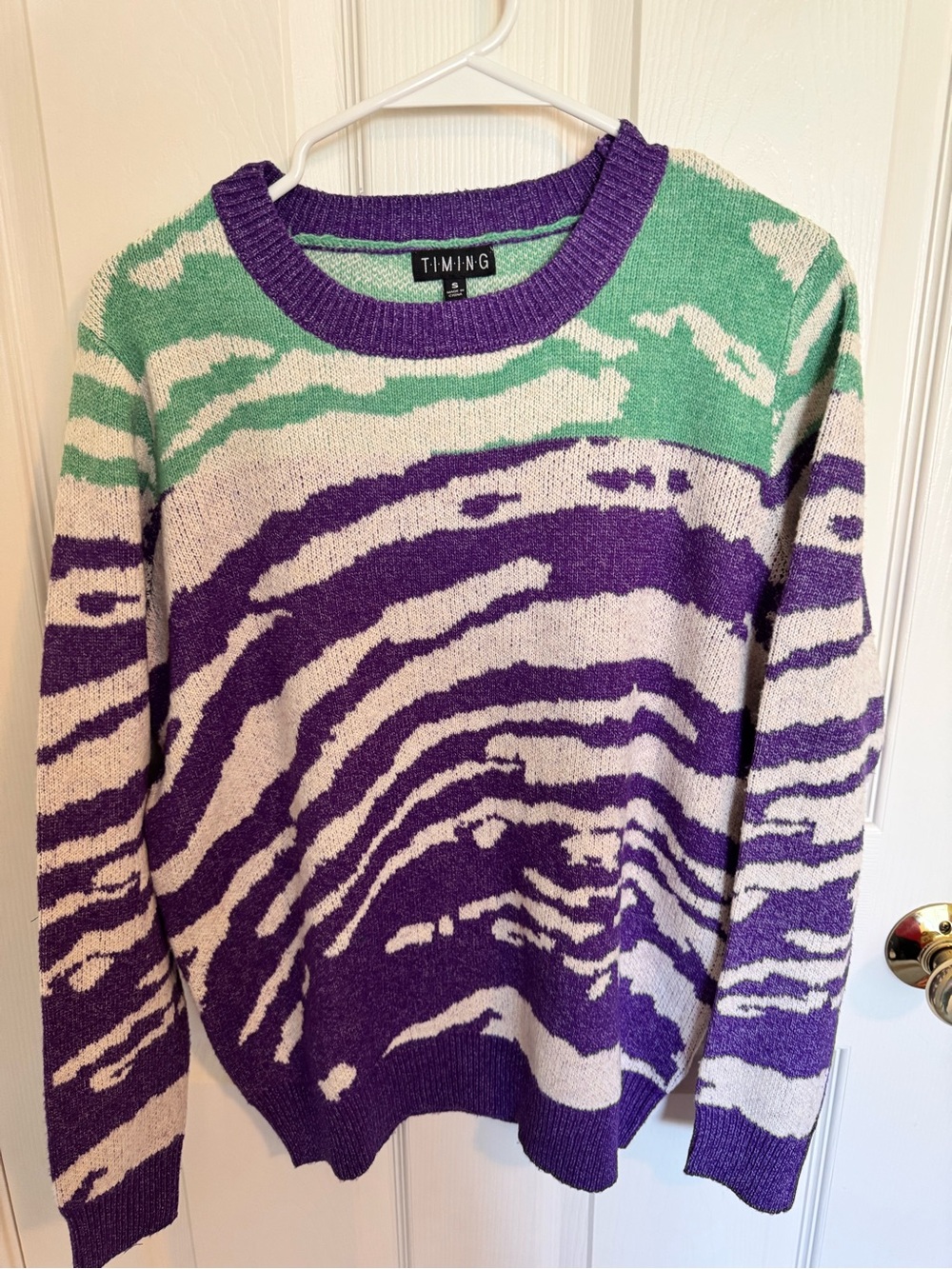 Timing Purple, Green & Cream Zebra-Print Crewneck Sweater